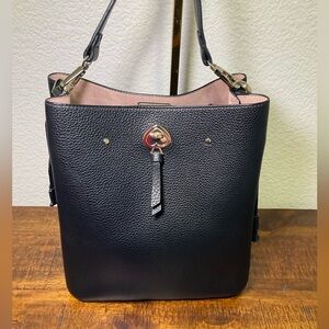 Kate Spade - Black Pebbled Leather Drawstring "Marti" Bucket Bag‎ W/ Logo Clasp